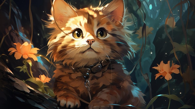 a cute little kitty in the night forest