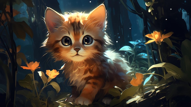 a cute little kitty in the night forest