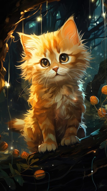 a cute little kitty in the night forest