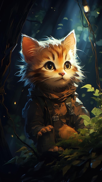 a cute little kitty in the night forest