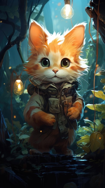 a cute little kitty in the night forest