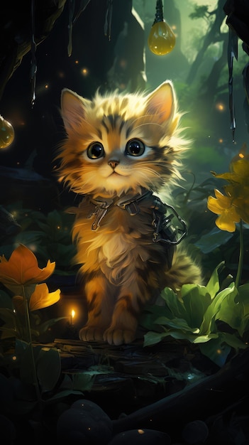 a cute little kitty in the night forest