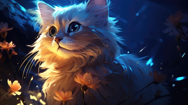 a cute little kitty in the night forest