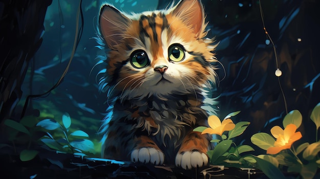 a cute little kitty in the night forest