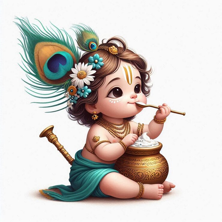 Photo a cute little krishna eating yogurt