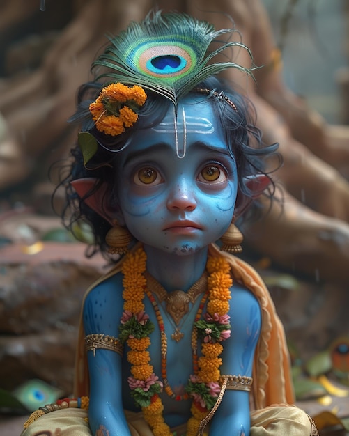 Photo a cute little krishna with upset mood