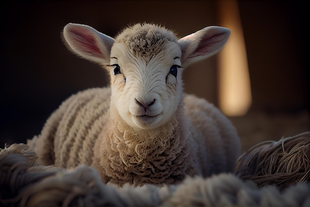 Cute little lamb lying on the floor in the roomgenerative ai