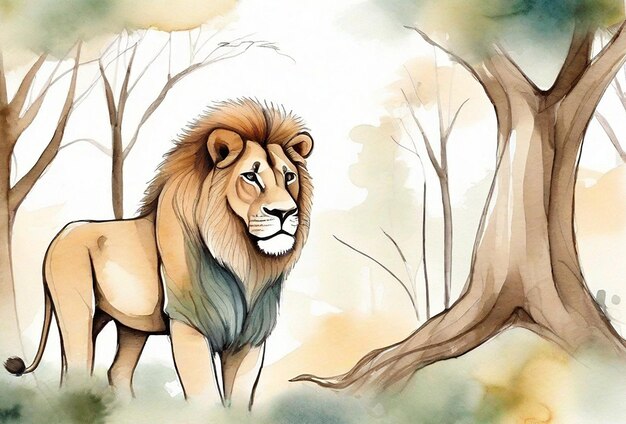 Foto piccolo leone carino con illustrazione ad acquerello