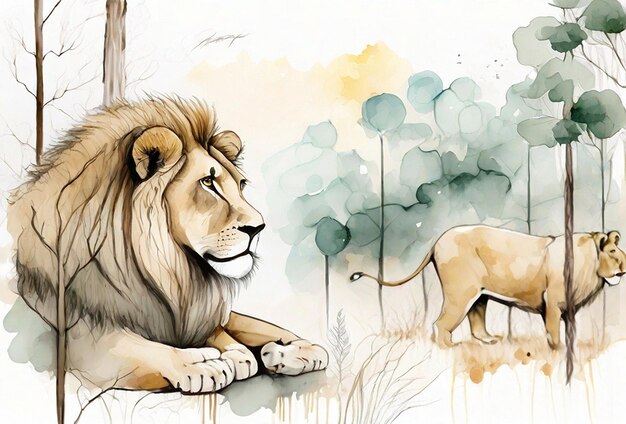 水彩画のイラストで可愛い小さなライオン