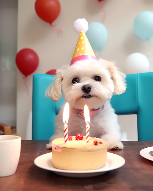 Cute little Maltese puppy with birthday cake and candles at home