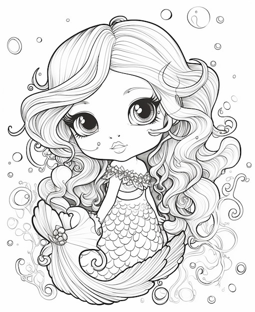 a cute little mermaid girl with long hair and big eyes generative ai