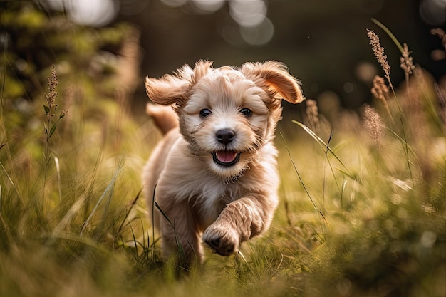 Cute little mixed breed dog running outdoors in nature on a sunny day AI Generated