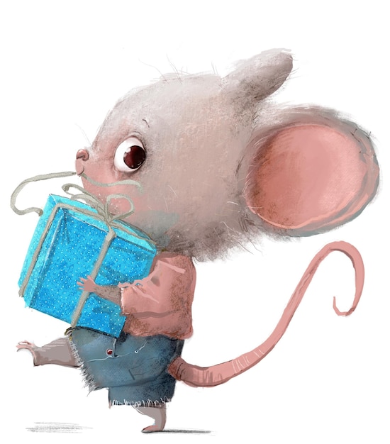 cute little mouse character with blue present box