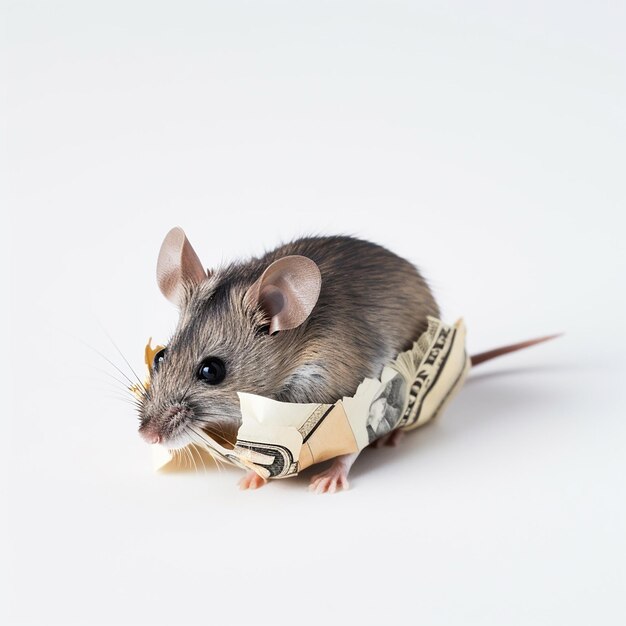 Cute little mouse eats gnawed a dollar bill on a white background closeup funny photos with animal