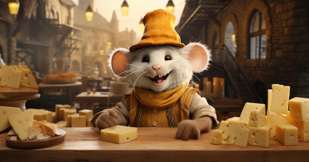 Cute little mouse in hat and scarf with cheese at table in cafe Generative AI