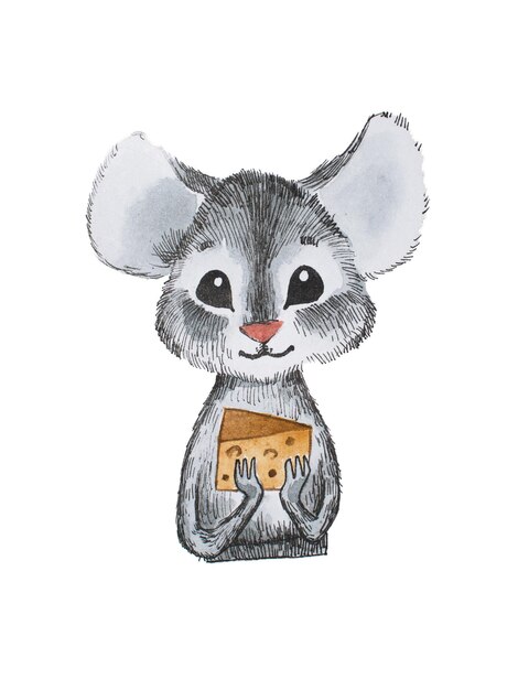 Cute little mouse holding cheese with both hands handdrawn