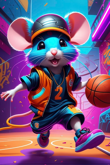 Cute little mouse jumping with a basketball