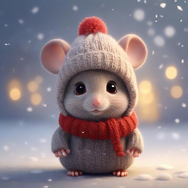 Photo cute little mouse wearing aknitted winter hat huge big round eyes snowflakes around cartoon style