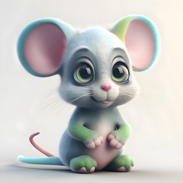 바닥에 앉아 있는 녹색 눈을 가진 귀여운 작은 쥐3d 그림