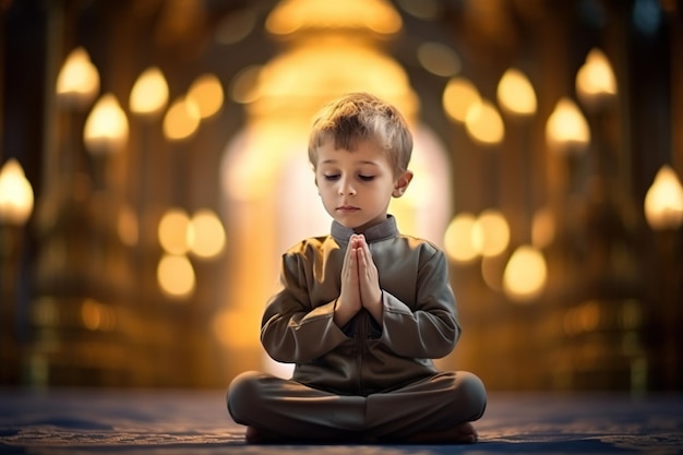 Cute little muslim boy praying in the mosque