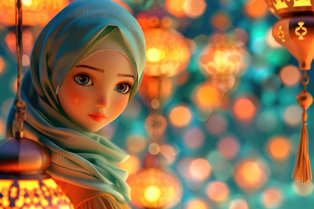 라마단 카림 배경과 이드 무바라크에 랜턴을 가진 귀여운 작은 무슬림 소녀 인형