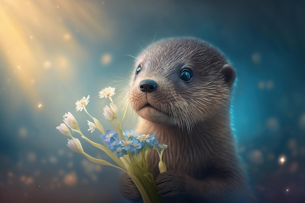 A cute little otter holding a bunch of flowers generative AI