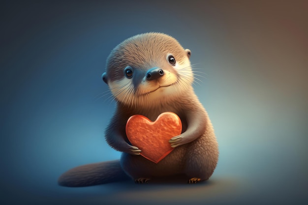 Cute little otter holding red heart on dark blue background
