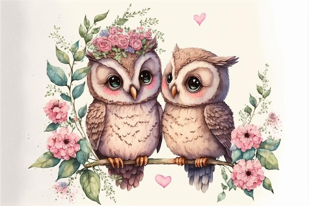 Cute little owl in love on romantic Valentine's day hand drawn cartoon style