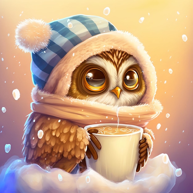 Cute little owl in winter time holding cup of hot drink