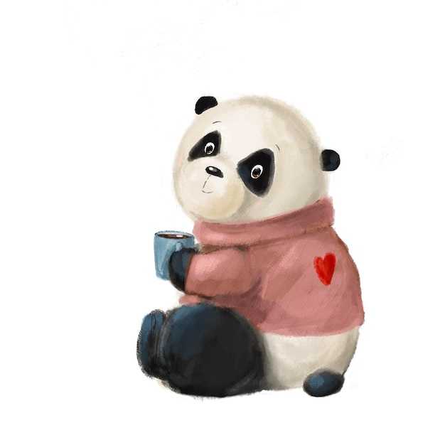 Cute little panda in sweater with cup of hot drink children's illustration watercolor clipart