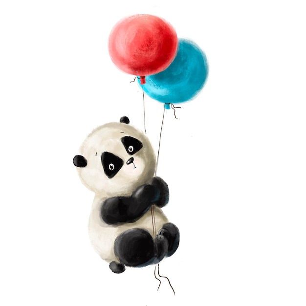 Foto carino piccolo panda con palloncini illustrazione per bambini con clipart acquerello personaggio dei cartoni animati