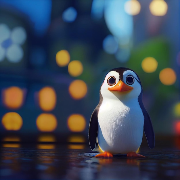 Cute little penguin with big eyes 3D rendering cartoon style