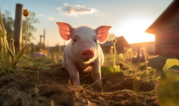 Cute little piglet on the farm in the sunset light