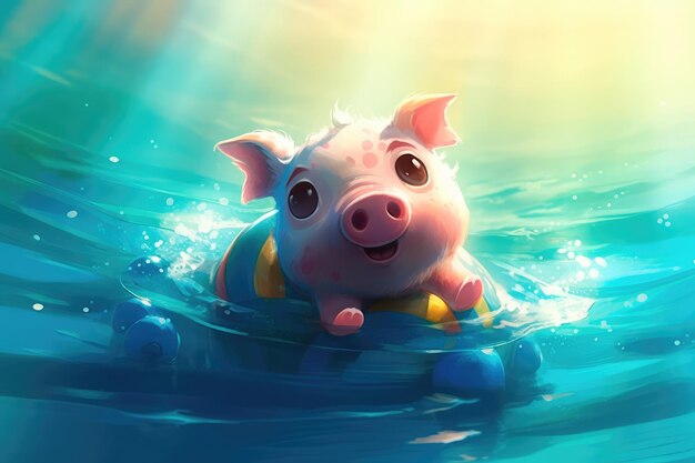 Cute little piglet floating in the ocean on an inflatable circle on a sunny day Generative AI