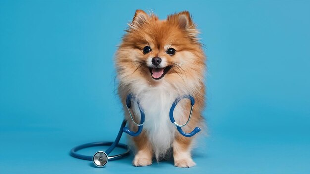 Photo cute little pomeranian dog with stethoscope as veterinarian on blue