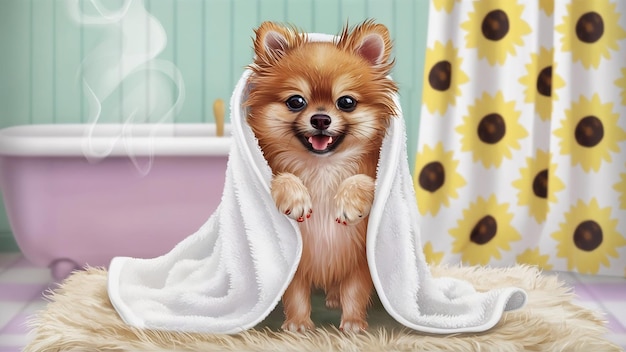 Cute little pomeranian in a white towel after bathing