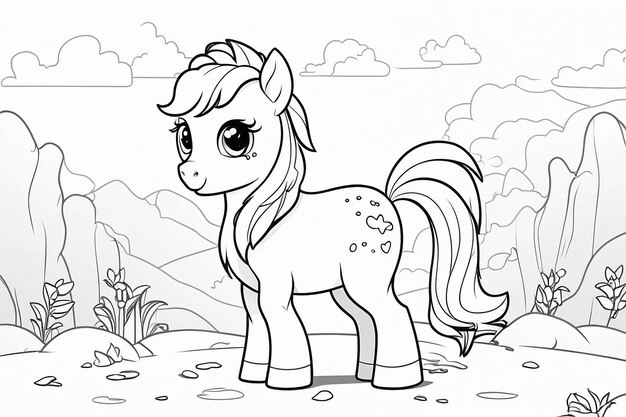 Photo cute little pony baby horse line art hand drawn kawaii kids coloring book illustration