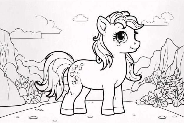 Photo cute little pony baby horse line art hand drawn kawaii kids coloring book illustration