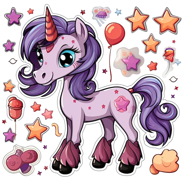 Cute little pony cartoon sticker isolated on white background Vector illustration