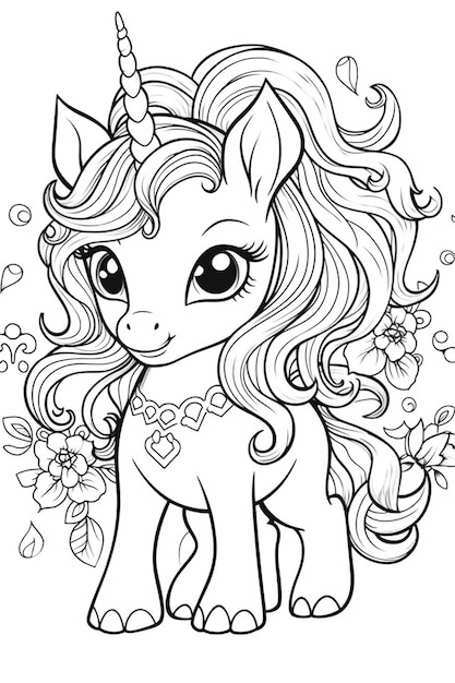 Photo a cute little pony with a flower crown on its head generative ai