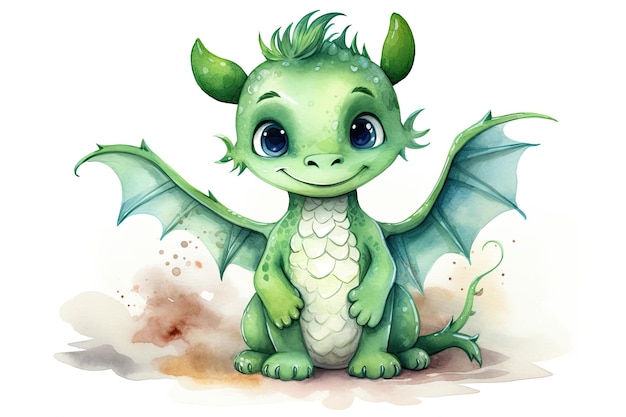 Милый маленький положительный зеленый дракон с крыльями и хвостом Символ года