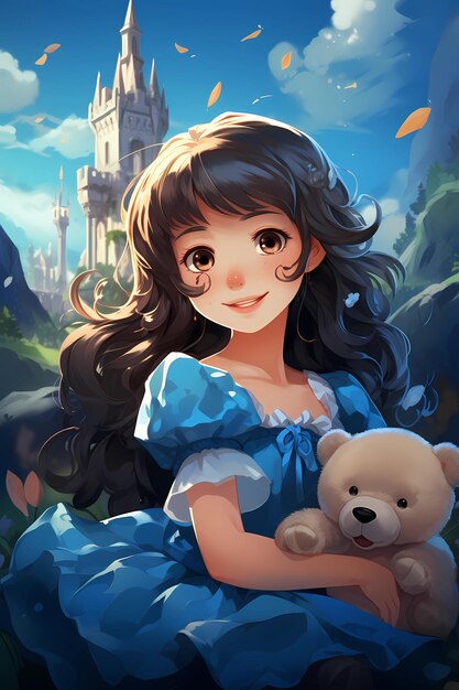Cute little princess and a Stuffed little blue bear