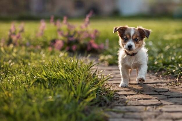 A cute little puppy is playing in the park Baby dog on a walk in the city park Copy space