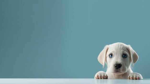 大きな空の背景を持つテーブルの上をじっと見つめるかわいい子犬。