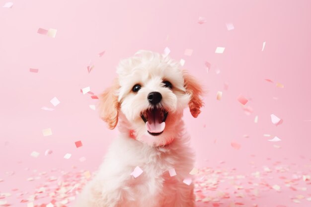 Cute little puppy portrait pink background with flying confetti Template for postcard layout with copy space print ready image