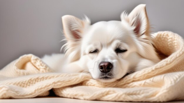 写真 編み物の毛布の下で眠っているかわいい小さな子犬