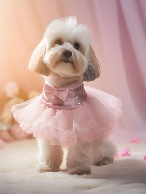 Cute little puppy wearing pink tutu with stylish belt collar Serene indoor fade out background Created with Generative AI technology