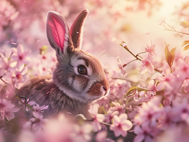 Cute little rabbit on the background of spring cherry blossoms