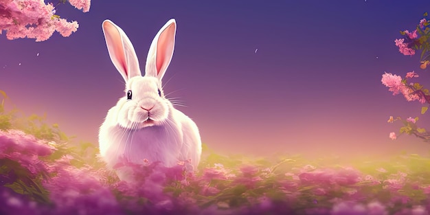 Cute little rabbit for easter spring holiday spring holiday banner illustration Nice rabbit sitting on the meadow