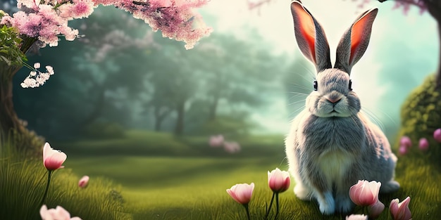 Cute little rabbit for easter spring holiday spring holiday banner illustration Nice rabbit sitting on the meadow